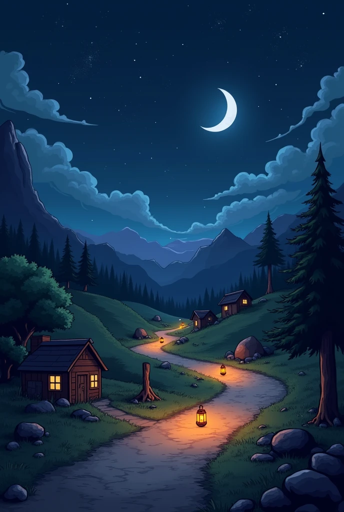 Give me a 2d image in terraria style, of a road, without cars and at night, moderately lively.