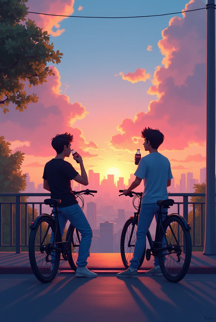 It's dawn time....like purple orange (almost dark but purple orange yellow red visible) and there are 2 bicyles in a narrow-ish road..... and the whole city view can be seen from there....beside the cycle two friends are sitting one is drinking coke other one is sitting very relaxed and chilled...one is wearing black tshirt and blue cargos,  other one is in light blue denims and blue tshirt