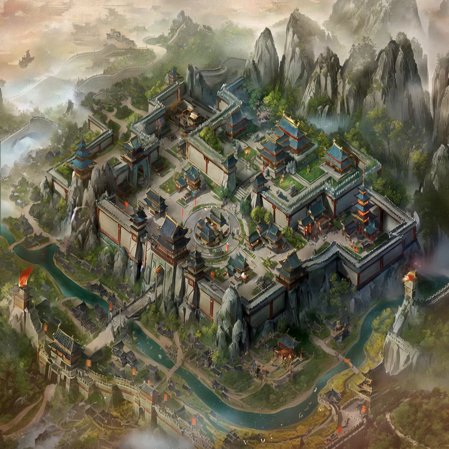 There is a building there，There are many buildings on it。, Beautiful rendering of the Tang Dynasty, Three Kingdoms of China, Game map painting, G Liulian art style, author：Yang J, Ancient city landscape, China Village, Cyberpunk Chinese Ancient Castle, Isometric Game Art, author 王鹗, by Li Zai, author：Ni Yuanlu, Steam Workshop Map