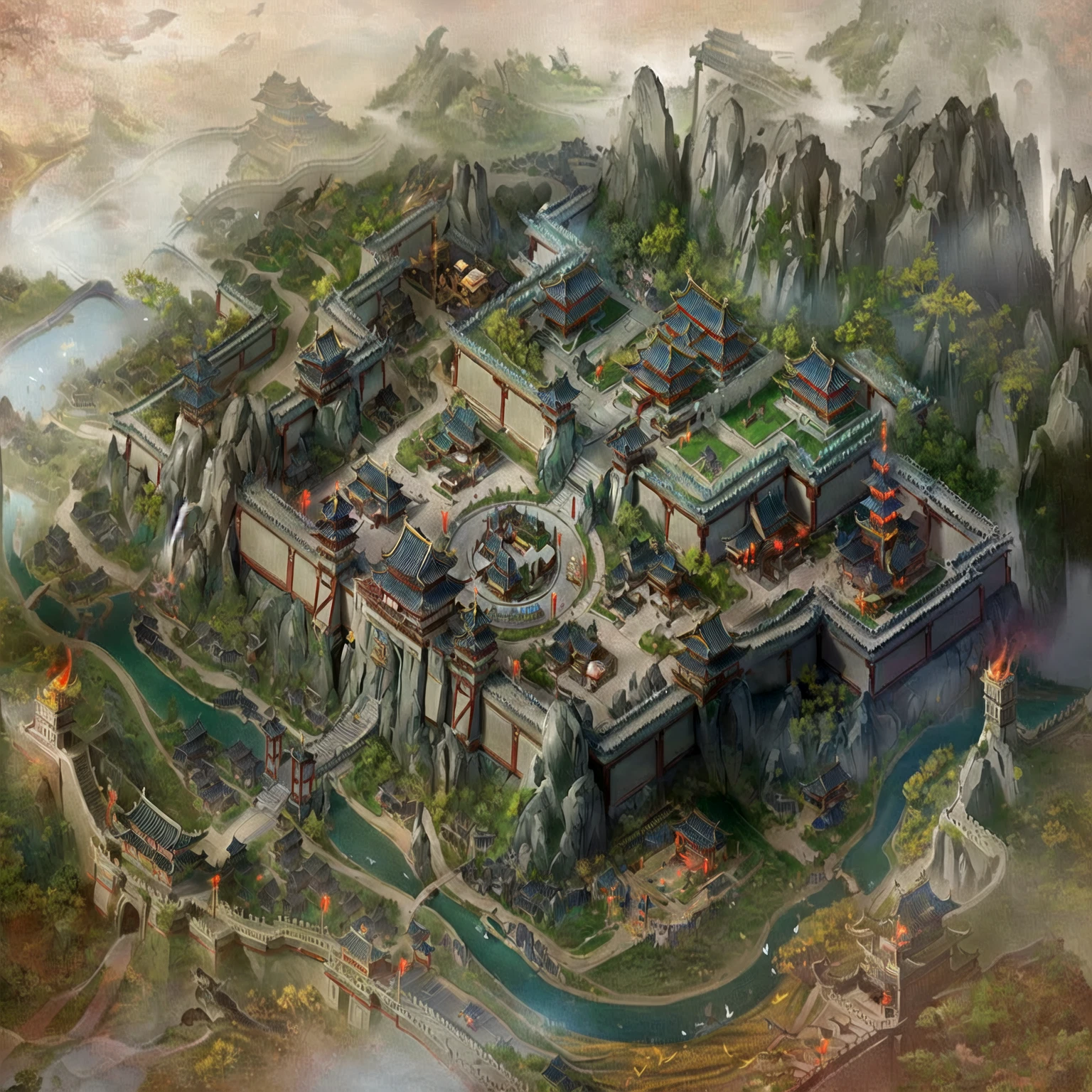 There is a building there,There are many buildings on it。, Beautiful rendering of the Tang Dynasty, Three Kingdoms of China, Game map painting, G Liulian art style, author:Yang J, Ancient city landscape, China Village, Cyberpunk Chinese Ancient Castle, Isometric Game Art, author 王鹗, by Li Zai, author:Ni Yuanlu, Steam Workshop Map