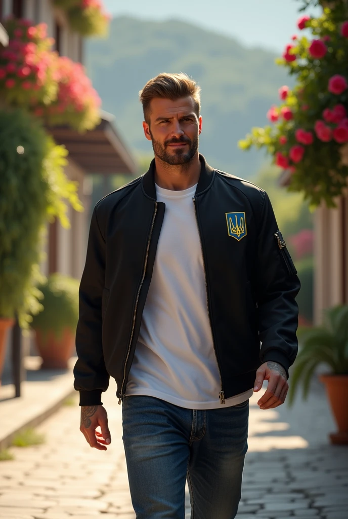 (photorealism:1.2), beautiful man, walking on the street, wearing balck jacket with ukranian coat of arms, white t-shirt, hairstyle like David Beckham in 2016, no tattoos, outdoors, soft lighting, street of Tbilisi background, sunlight weather, relaxed pose, realistic, intricate details, warm colors, by Greg Rutkowski, by Alphonse Mucha.