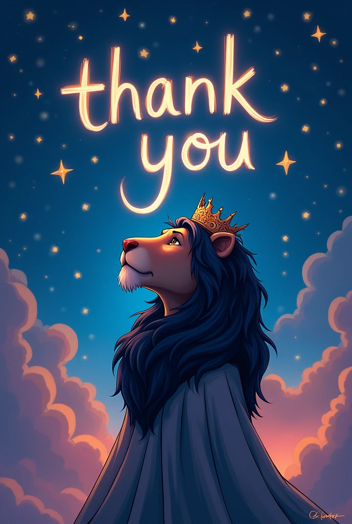  Dark haired lioness with crown and dress, looking at the sky and the word thank you in cartoon star background 