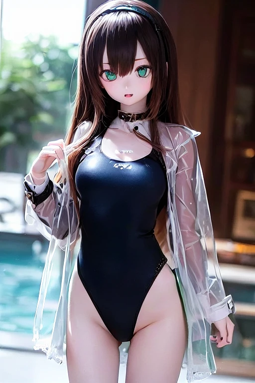 (SFW:2), photorealistic, realistic photo, 8k, ((highest quality)), ((masterpiece)), (extremely detailed), kukolnydom, doll, (mature woman, 21yo, 2, solo, transparent raincoat, competition swimsuit, poolside:1.6), ((cowboy shot, standing, slim, slender, skinny, medium breasts, hairband)), (parted lips, green eyes, brown hair, long hair, plastic skin, looking at another, glass eyes, gradient eyes, shining eyes, detailed eyes:1.3)
