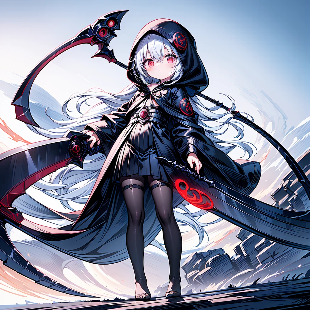 The cover image of the manga, Gray Grim Reaper Scythe, features a cute girl with waist-length white hair and ruby red eyes, standing in a beautiful pose holding a scythe The sickle has a single black handle.Red spider lily fractal art、chaos、chaos、