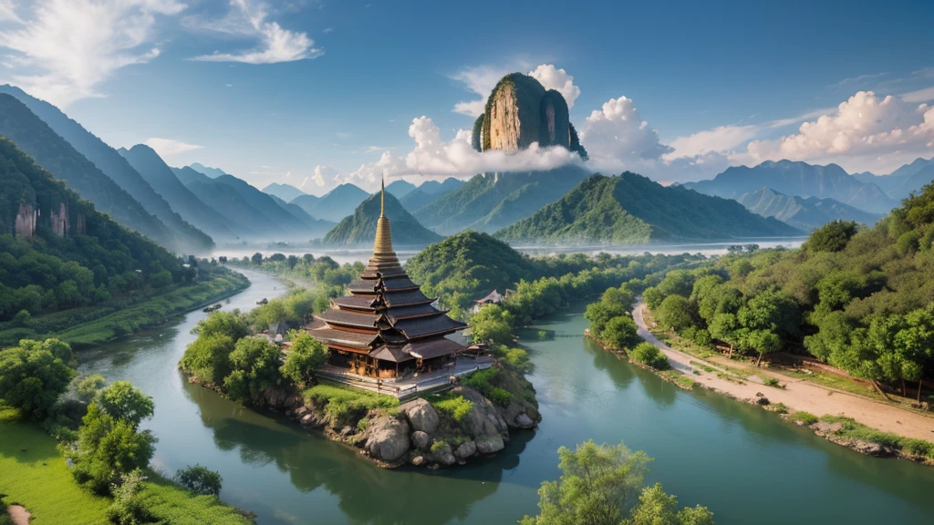 Natural beauty, Ancient village of Thailand. river, mountain. cloud, Temple. Aerial view,mystical beauty, 8k