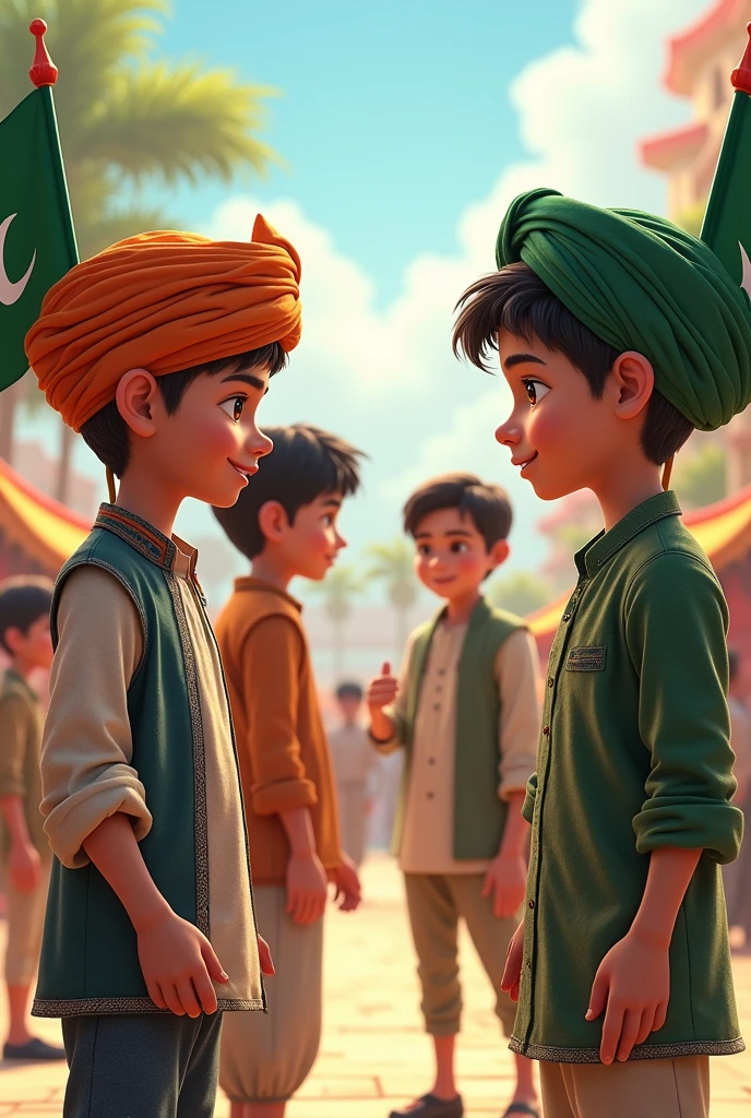 Two boys are chatting. One is wearing a Punjabi with a Bangladeshi flag and the other is holding a Pakistani flag. Another is wearing Punjabi with Pakistan flag and holding Bangladesh flag.