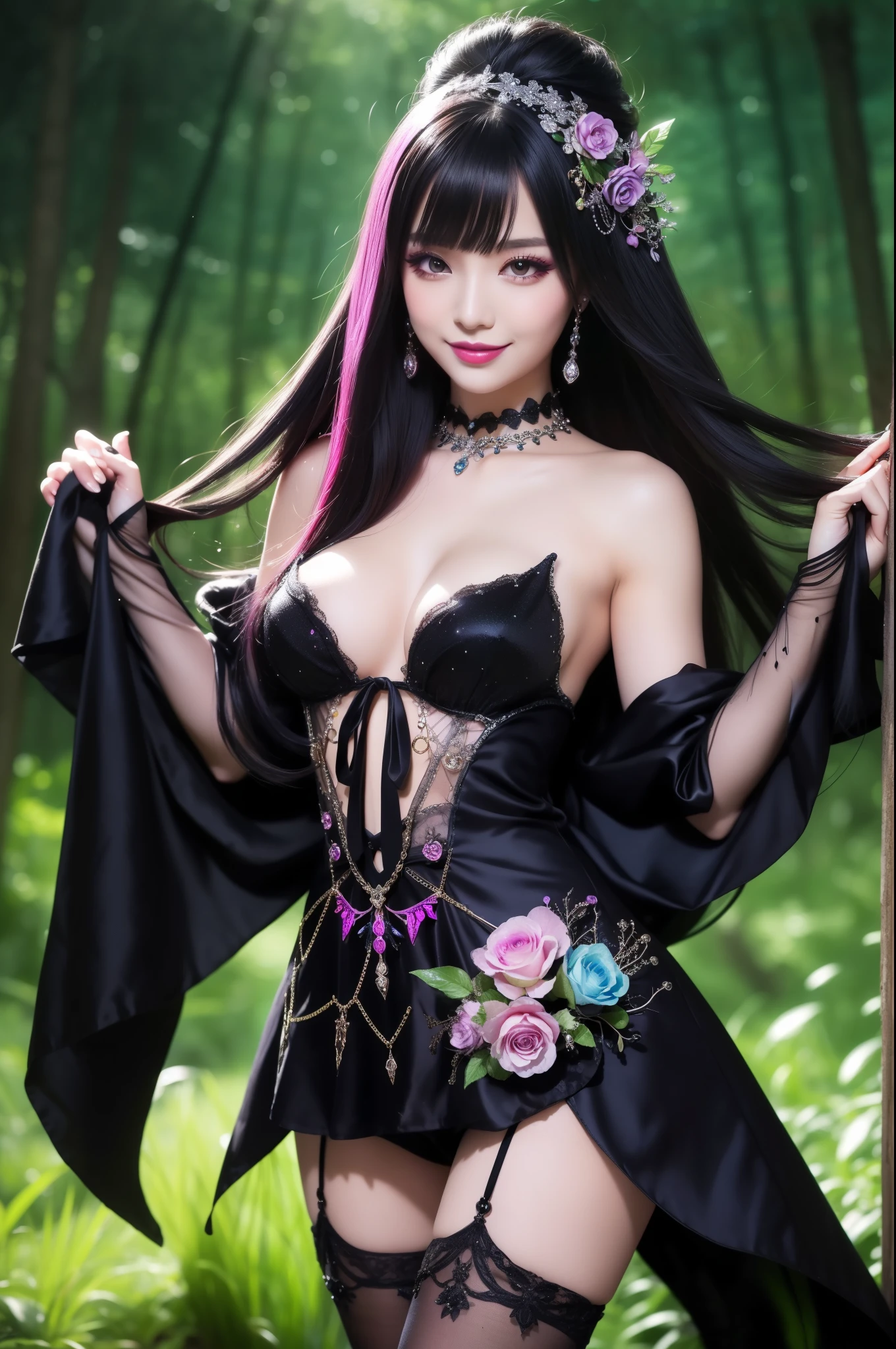 sexy stylish female who controls poison、beautiful smile、lipgloss、long lashes、dramatic makeup、look at the camera、full body Esbian、、sparkling poisoned enchanted flower costume、、、、shiny sparkling multicolor hair、secrete poison、skull hair accessories、black tights、shiny sparkling dark magic forest background