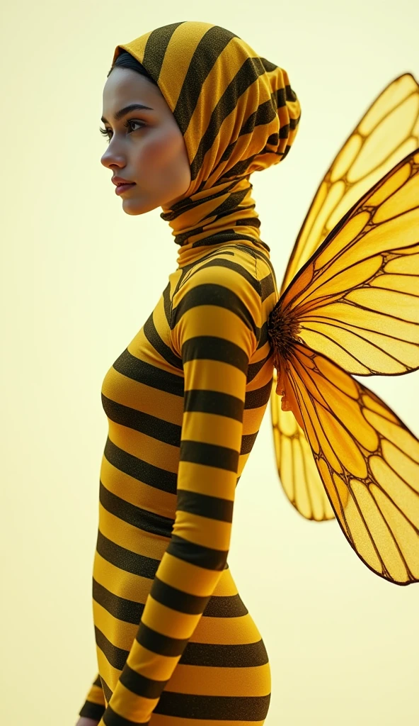 a beautiful and thin malaysian asian muslim adult girl with a shiny and beautiful face wears yellow bee lycra turtleneck unitard catsuit covered with black stripes with a pair of wings and always wear bee lycra dancewear hijab covered with black stripes.She is buzzing.