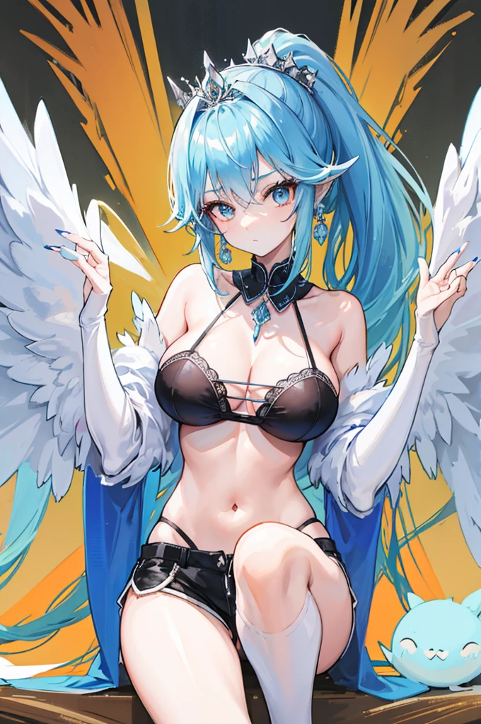 4k, 8k, high resolution, one woman, harpy, light blue hair, long ponytail, huge boobs, big white wings, orange nails, queen, queen's tiara, underwear, black high leg shorts, black bra, jeweled decoration