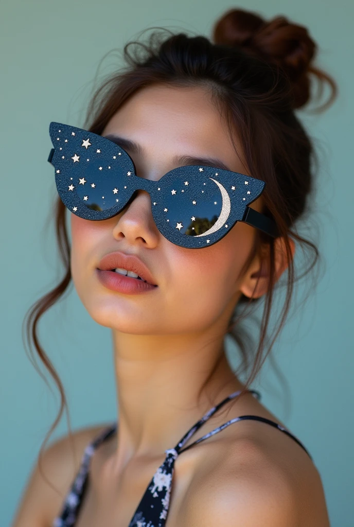 The model is wearing glass sunglasses with stars and the moon on the glass