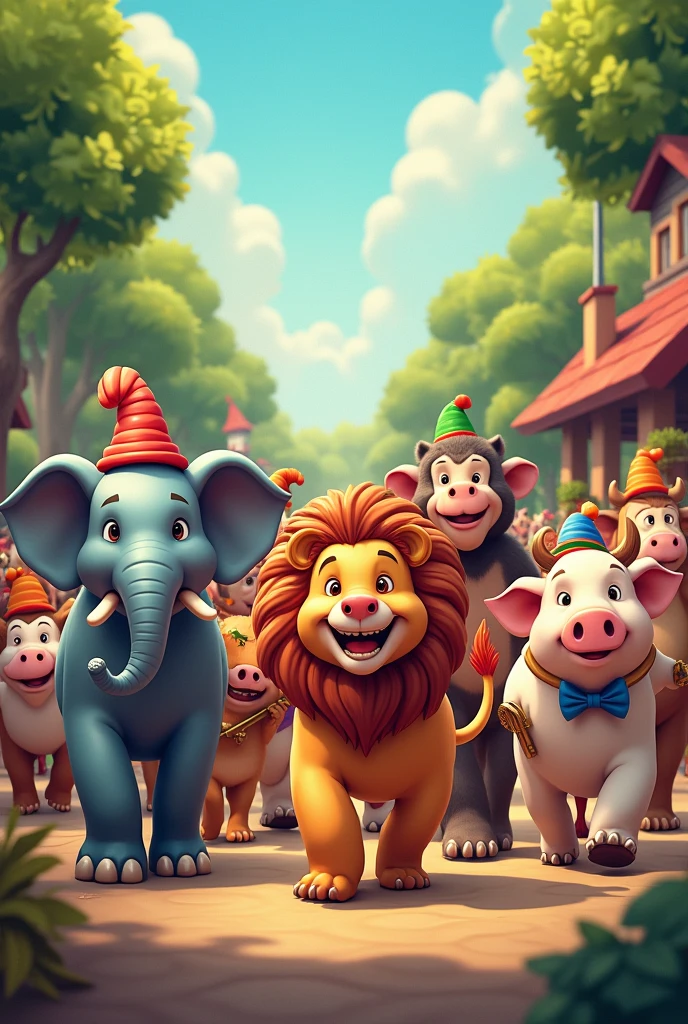 Create a lively and colorful scene for the lyrics 'It’s the animal parade, come join in the fun, from the jungle to the farm, there’s room for everyone!' The image should depict a joyful parade of various animals from different habitats—lions, elephants, monkeys from the jungle alongside cows, chickens, and pigs from the farm—all marching together in harmony. The animals should be dressed in festive attire, such as hats, bow ties, and carrying musical instruments. The background can transition from a lush jungle to a cozy farm setting, symbolizing the inclusivity of the parade. The atmosphere should be fun and inviting, with vibrant colors and playful details that capture the excitement and diversity of the animal parade.