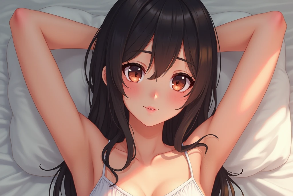 anime woman, wearing a sleeveless blouse, raising arms and showing her underarms. detailed close up of armpits .