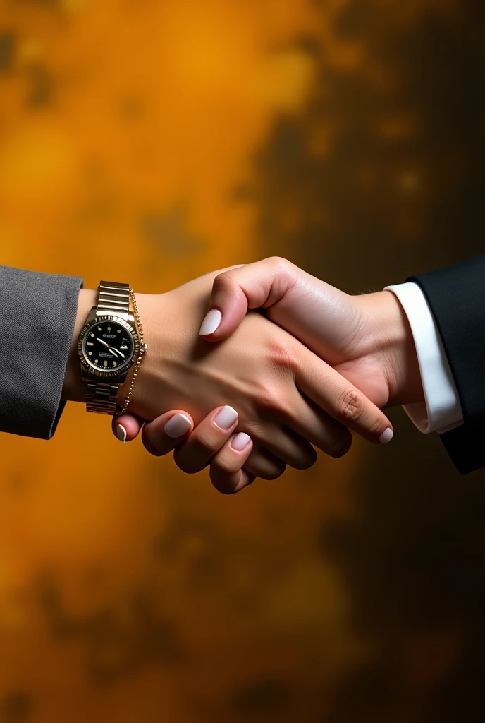 I created a handshake, where on the wrist there are women's bracelets and a Rolex watch, symbolizing the closing of a new partnership between two companies, the background must contain orange, yellow and black. more female the hands