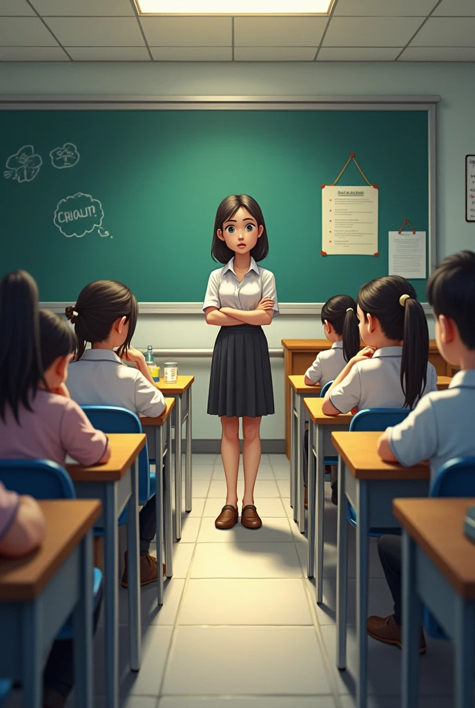 In a quiet, brightly lit classroom, a teacher stands at the front, having just asked a question, but no student raises their hand to answer. The students, seated at their desks, look down at their notebooks, some with puzzled expressions, while others avoid eye contact. The atmosphere is one of hesitation and uncertainty. The classroom is filled with neatly arranged desks, a chalkboard with notes written on it, and educational posters on the walls, creating a typical school setting