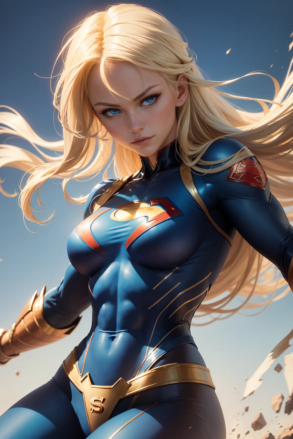 Semi-realistic digital art with soft colored strokes and oil shading. A blonde superhero with long flowing yellow hair, muscular arms and extremely muscular legs, an oval face and almond-shaped blue eyes. She should have a serious expression and be in a confident pose with her hands behind her head. The character is wearing a blue bodysuit with the iconic Superman symbol, an 'S' on the chest. The lighting should highlight her musculature, emphasizing the details of her muscles. Image inspired by Artgerm. She is on a neutral background.