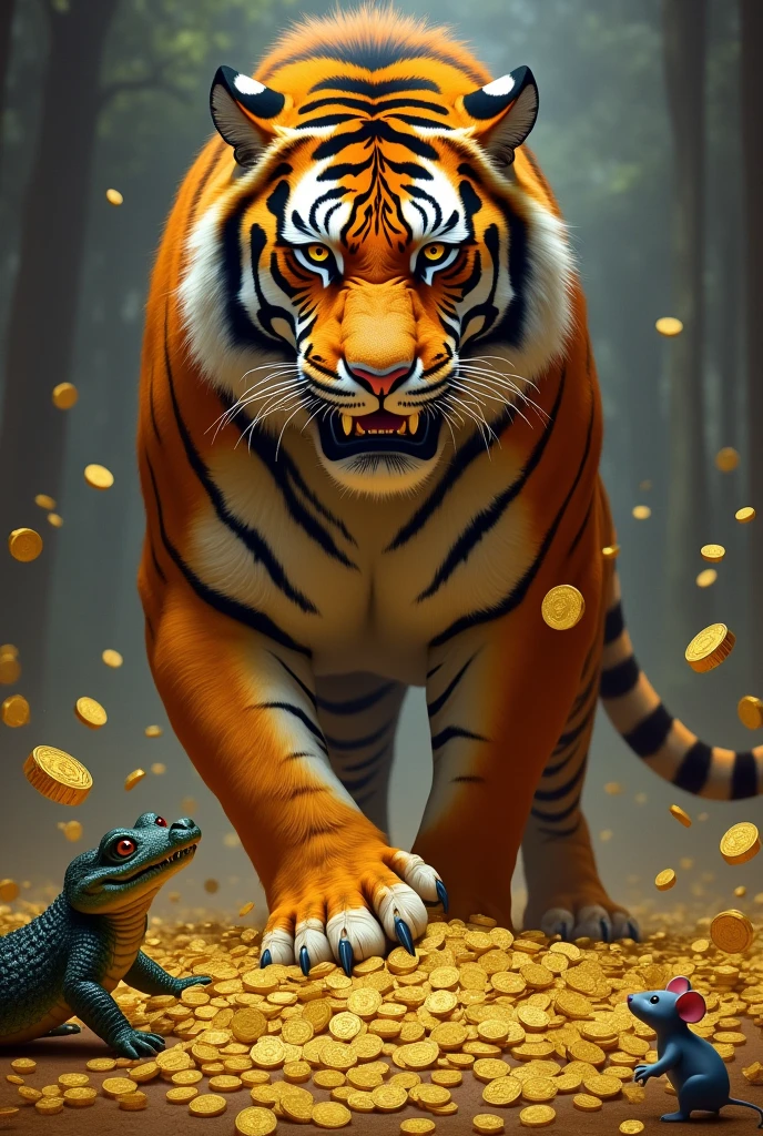 a tiger with a lot of money in his hand, surrounded by coins pointing forward, where an alligator and a little mouse watch