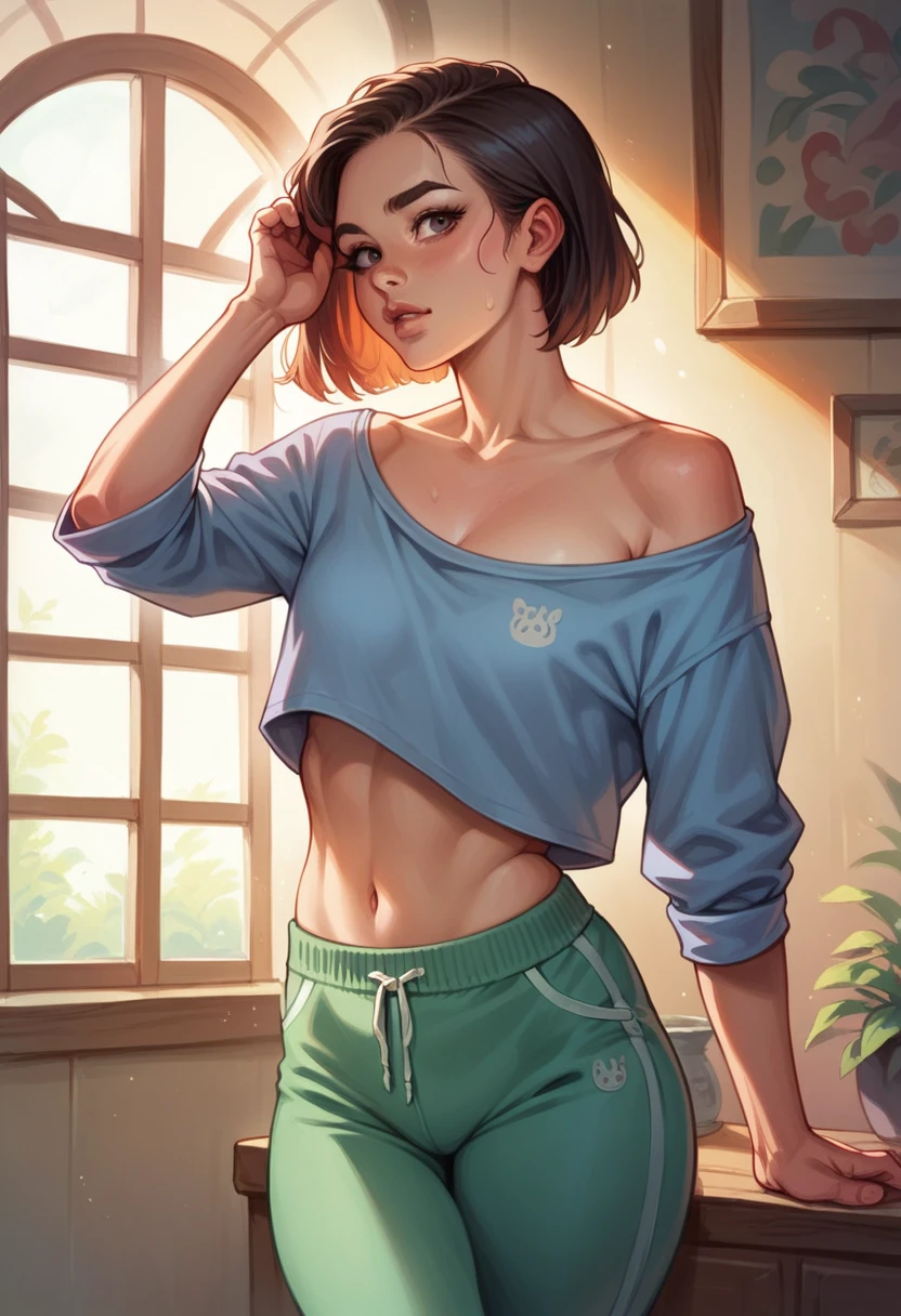  in a living room, one hand on hip, seductive smirk, medium breasts, wide hips, big ass, Ellie,standing, blushing,sweating, being groped by old man