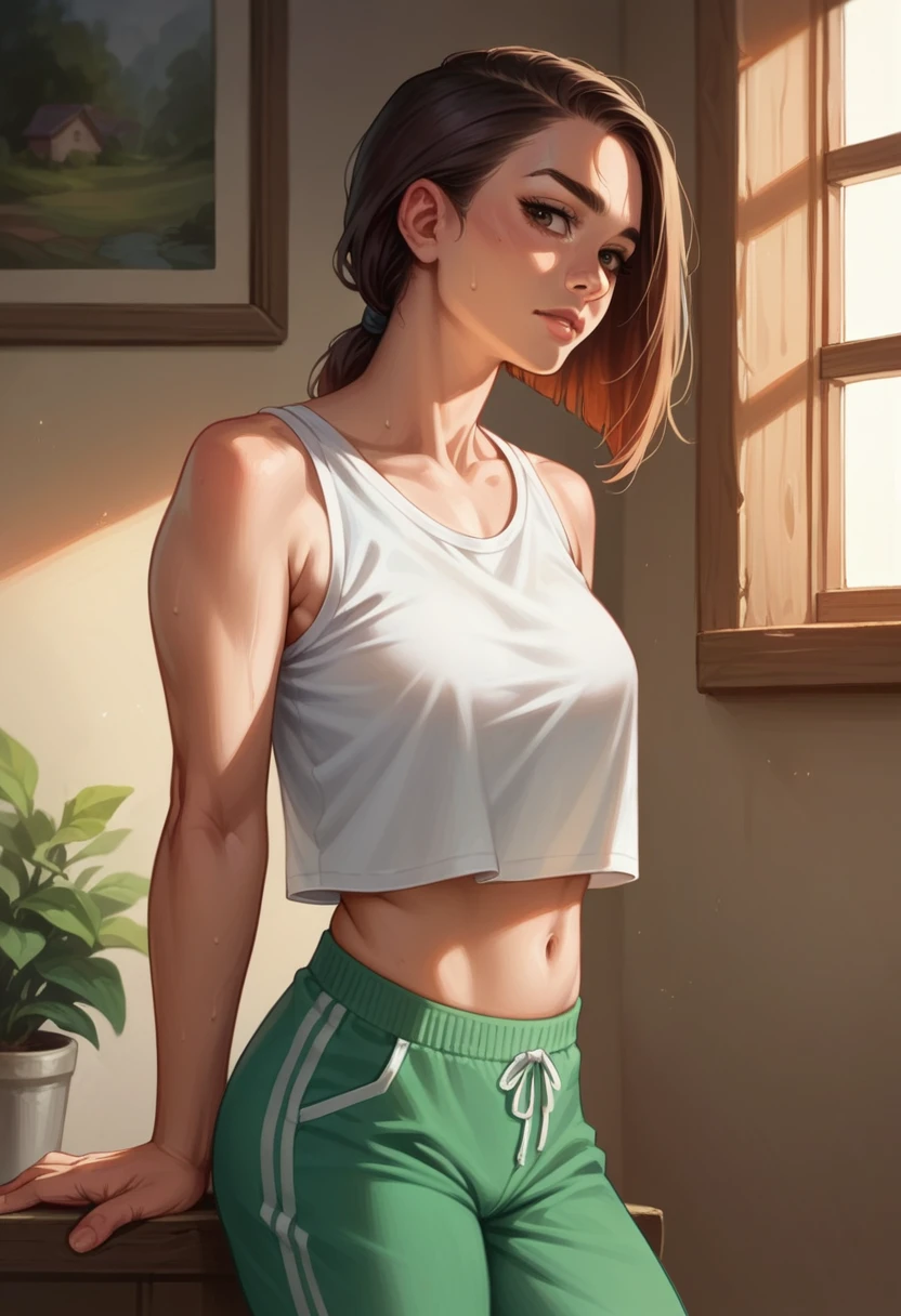  8k ,my feminine appearance wearing a low-cut blouse and sweatpants inside the house in Minas Gerais, a beautiful girl, realistic face sexy body 