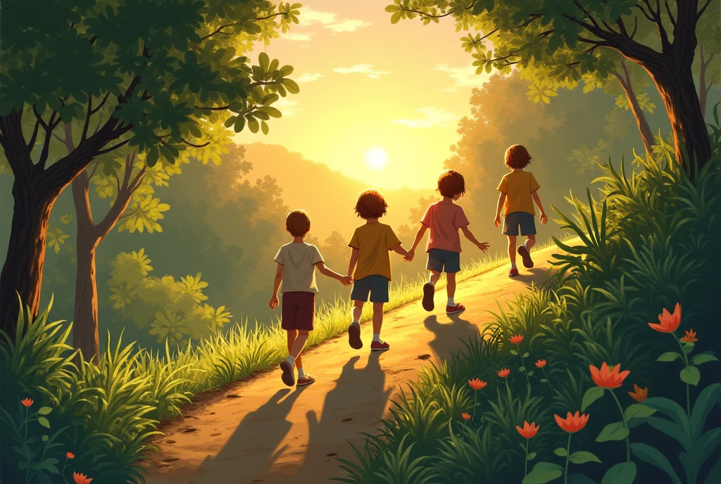 जैसे ही सूरज डूबने लगा, बगीचे में लंबी-लंबी परछाइयाँ पड़ने लगीं, बच्चे पहाड़ी पर चढ़ गए।