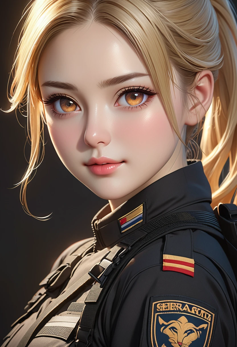 ((realistic)), ((best quality)), ((artwork)), ((extremely detailed face)), ((perfect lighting)), ((extremely detailed CG)), ((perfect hands)), ((perfect anatomy)), Appearance= Fair skin, short, lean, soft curvy, delicate features, very pretty, heart-shaped face, thin eyebrow, pert nose, small mouth; apricot eyes; long blonde hair, usually tied in a ponytail;
Personality= Kind, charismatic, shy
Clothing= Black tactical combat uniform.]