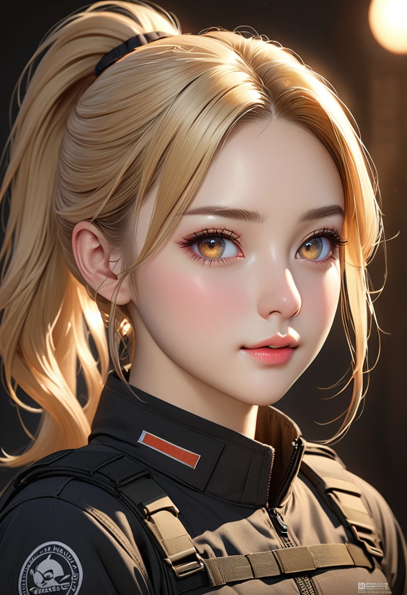 ((realistic)), ((best quality)), ((artwork)), ((extremely detailed face)), ((perfect lighting)), ((extremely detailed CG)), ((perfect hands)), ((perfect ???????)), Appearance= Fair skin, short, lean, soft curvy, delicate features, very pretty, heart-shaped face, thin eyebrow, pert nose, small mouth; apricot eyes; long blonde hair, usually tied in a ponytail;
Personality= Kind, charismatic, shy
Clothing= Black tactical combat uniform.]