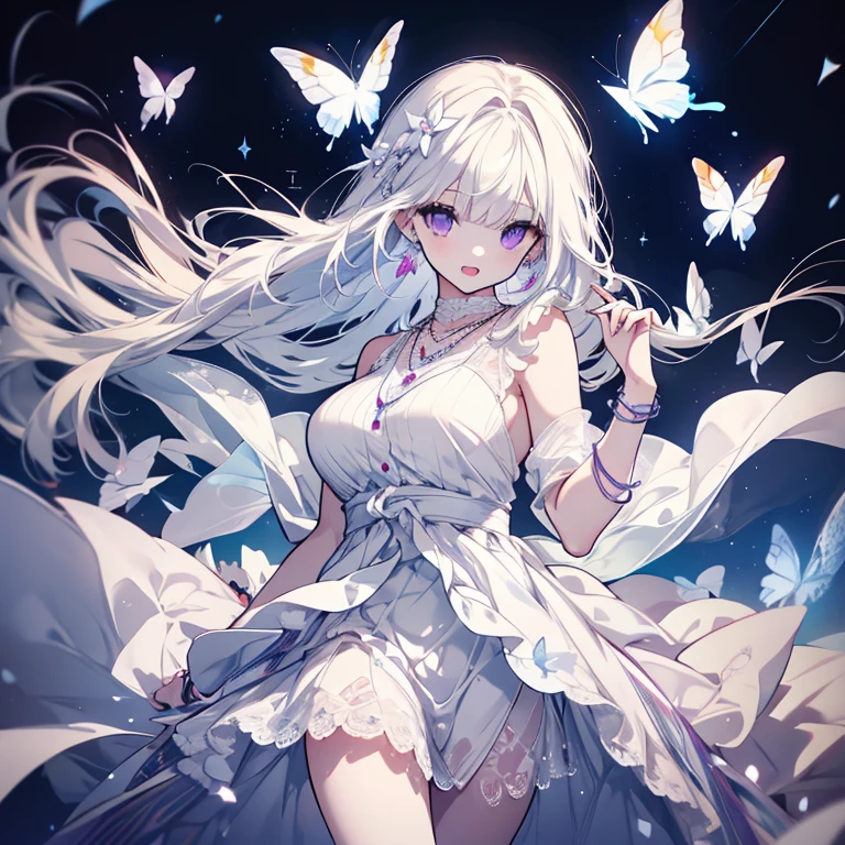 1 person、Mature、Ample breasts、Long Hair、White Hair、White skin、Straight hair、Trimmed bangs、Purple Eyes、beautiful、Diva、Long eyelashes、Fleeting、White Dress、Shoulder Bare、Lace fabric、necklace、bracelet、Miniskirt、Earrings、gem、Open Mouth、sing、Antique stage、Blue Spotlight、Butterflies fluttering、High resolution、Highest quality