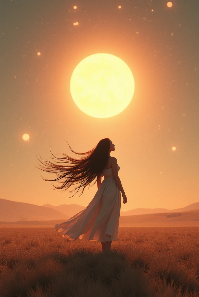 Les cheveux flottent dans les airs, vue arrière, Regarde le soleil, Il y a un vaisseau spatial dans le ciel, Trois soleils, Une femme aux cheveux noirs, de 25 ans, Debout dans la steppe, paysage, univers, 8k, Super détail, nue