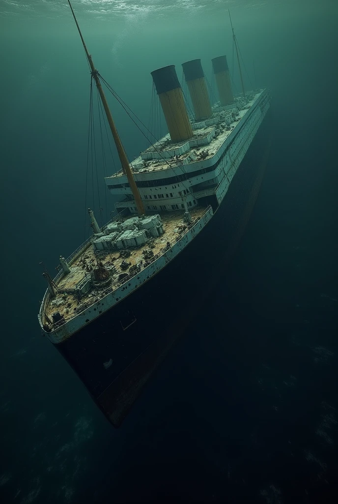 Make the Titanic with a dark background and a sad background and with many flaws