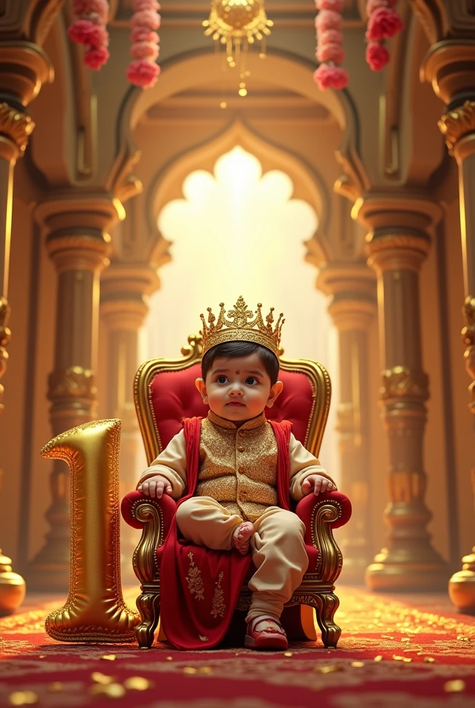 A realistic image of a cute indian baby bPrince sitting on a throne, in very big and beautiful house and in house there are all around gold , wearing a crown and a royal attire and he is very very beautiful and gorgeous and besides her is a large size '1' cutout , indicating that its her second birthday. Bright, bold and colorful image, Flower garlands can be seen hanging from the palace archs, seems like a celebration time in the palace