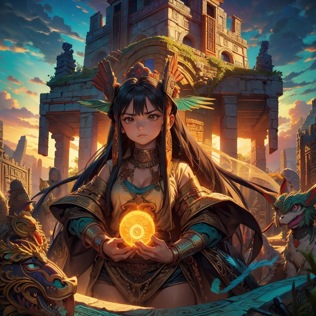 high quality、Very detailed、８age、Mayan Aztec８ageの１Priestess of the People、Flying Feathered Serpent（Quetzalcoatl Kukulkan）look up at the sky and pray、Chichen Itza Forest Temple of the Sun、mysterious、