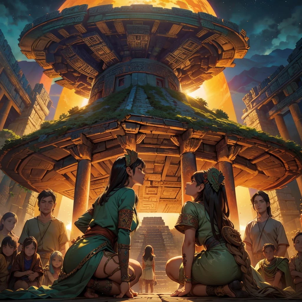 high quality、Very detailed、8age、Mayan Aztec8ageの1Priestess of the People、Flying Feathered Serpent(Quetzalcoatl Kukulkan)look up at the sky and pray、Chichen Itza Forest Temple of the Sun、mysterious、