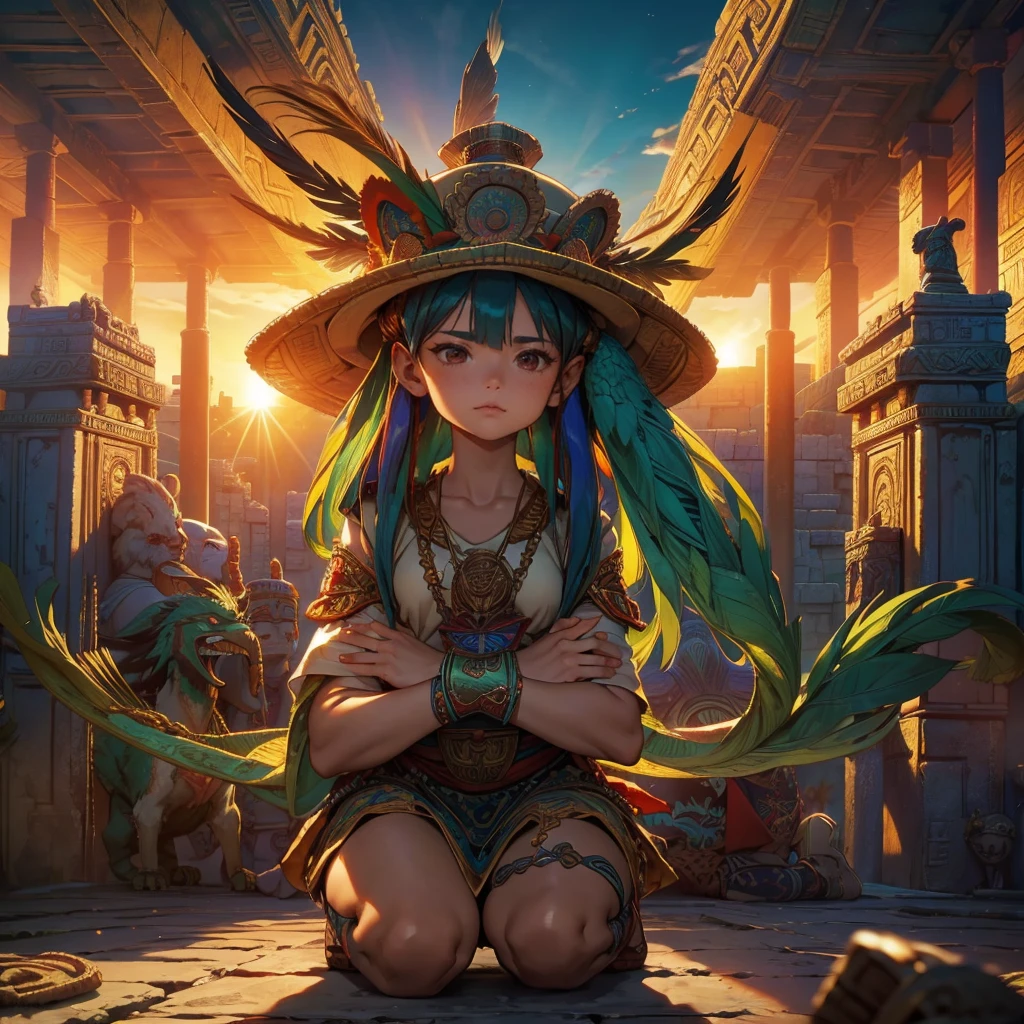 high quality、Very detailed、8age、Mayan Aztec8ageの1Priestess of the People、Flying Feathered Serpent(Quetzalcoatl Kukulkan)look up at the sky and pray、Chichen Itza Forest Temple of the Sun、mysterious、