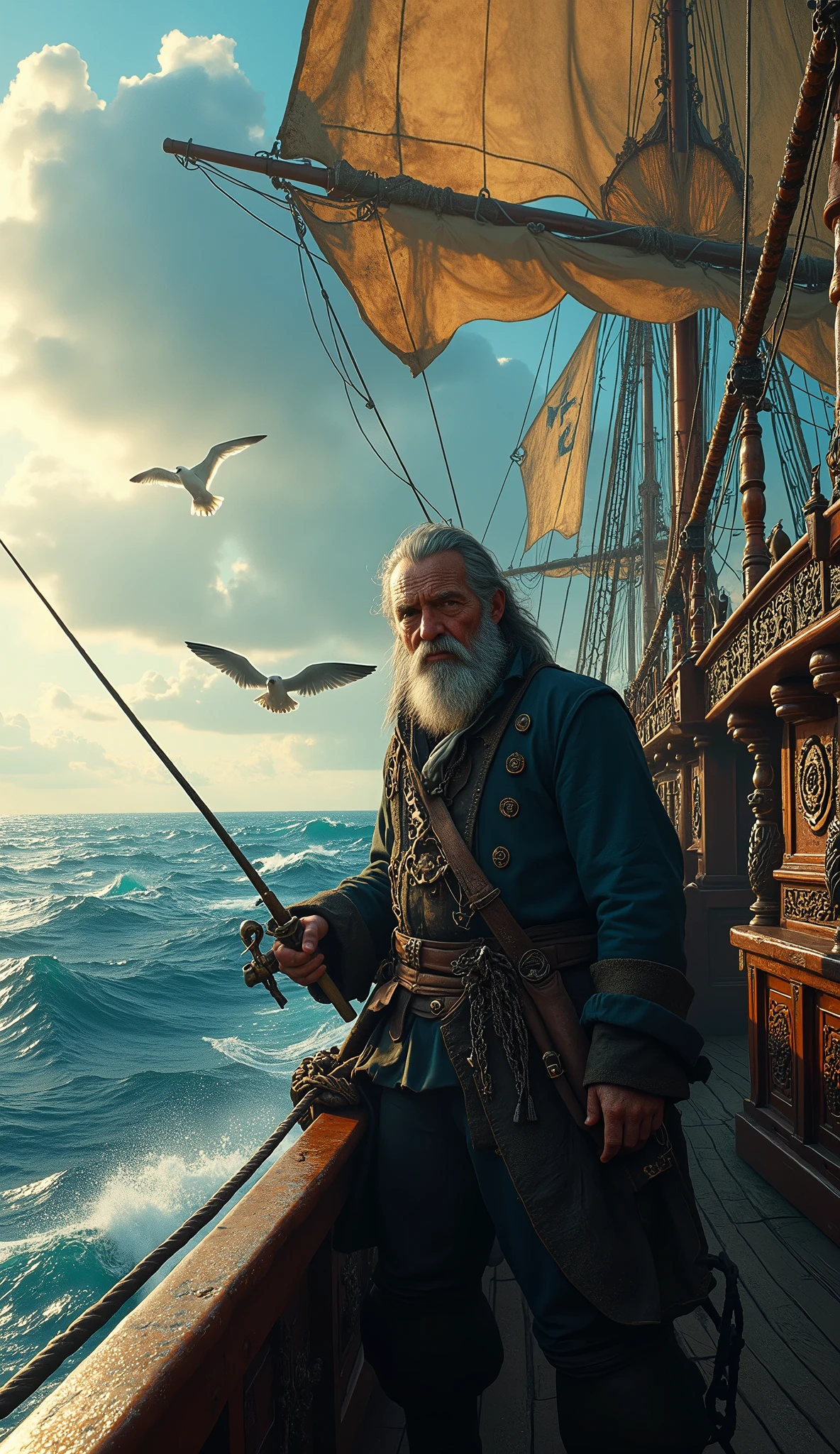 a pirate on a ship fishing, detailed portrait of a pirate captain, intricate pirate ship, detailed rigging and sails, dramatic lighting, golden age of piracy, cinematic composition, highly detailed, photorealistic, 8k, dramatic clouds and ocean, vivid blues and golds, chiaroscuro lighting, dramatic poses, weathered clothing and skin, ocean waves, seagulls, fishing equipment, treasure chest, pirate flag