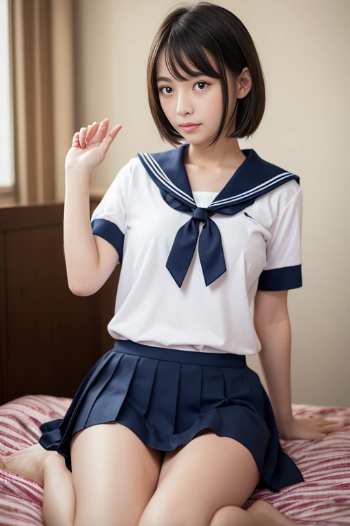 Realistic photos of  Japanese junior high school girls, Wearing the uniform correctly, Summer short-sleeved sailor uniform, Red ribbon，Navy blue short skirt, Her Room，One hand raised，Bob Hair，Sensual face，Realistic fair and fine skin，Young but beautiful face，Sitting in bed with one knee raised，Her small white panties are clearly visible under her skirt，The panties are digging into her pussy, leaving a clear vertical line，Attractive thighs，Slightly larger breasts，She masturbates to pornographic videos every day., I have no experience with men, I want to have sex quickly, I have a rape wish，There is a lot of sweat on the forehead