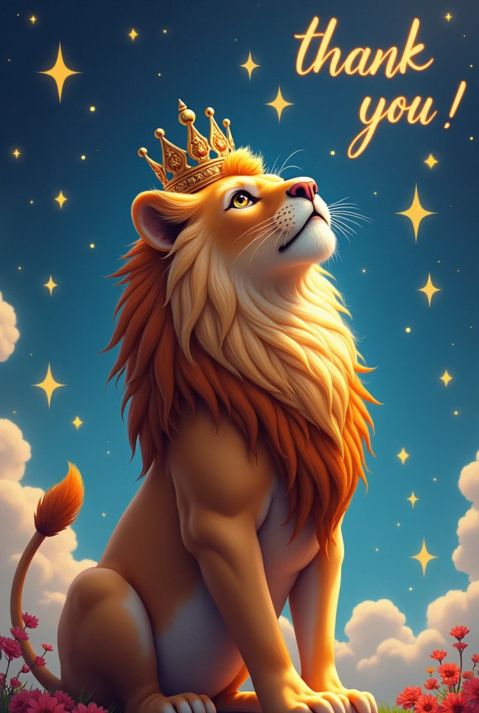 Lioness with crown and dress, looking at the sky and the word thank you in cartoon star background