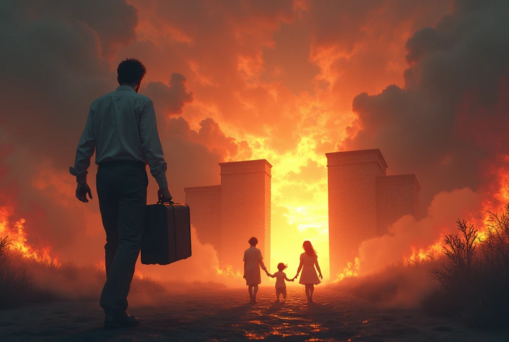 A father is busy, working with a suitcase, alone and uninvolved in the distant glory of heaven, having his back turned away from hell. A mother and her Kids are playing far away, very close to the firey gates of hell.