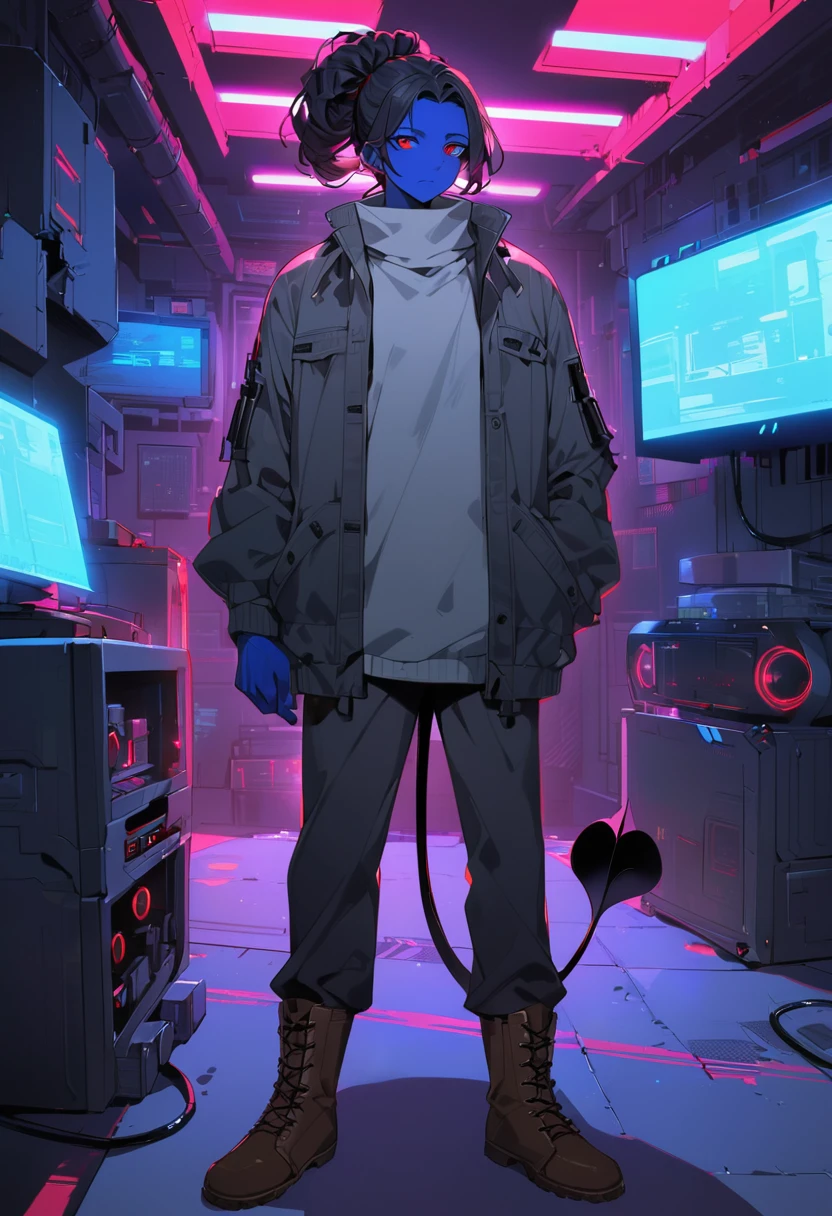 (detailed), (((normal guy))), (Arabic characteristics), ((gray wool jacket)), ((black fur rizado Ponytail hairstyle)), ((Ponytail hairstyle)), (calm face), ((by the width)), ((Brown boots)), (((whole body))), ((In a cyberpunk room)), ((male)), (gray turtleneck sweater), ((only one person)), (at night), terror, ((Bright red eyes)), In the dark, ((black fur)), ((((blue skin color)))), ((((demon tail))))