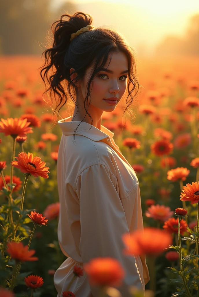 ((masterpiece, Best Quality, A high resolution, ultra detailed),(beautiful and aesthetically pleasing:1.2), 1 woman, adult, perfect body, dark wavy hair, green eyes, short and tall ponytail, beautiful, detailed eyes and face, oversized long shirt, converse shoes, golden hour, field of flowers, complex parts
