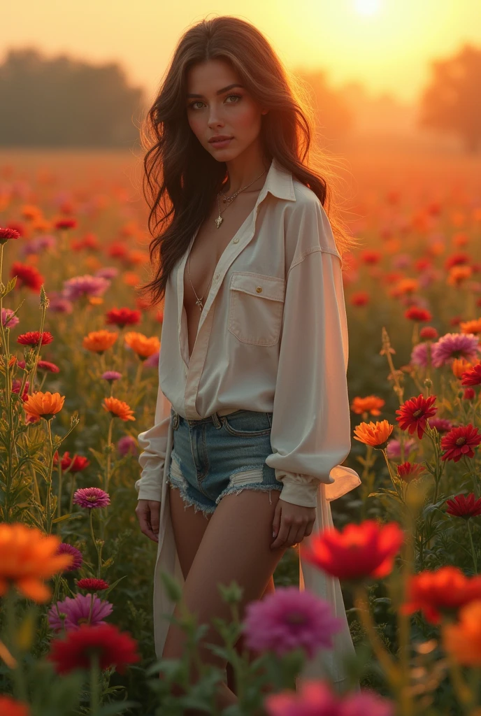 A Brazilian nude woman in a lush tropical garden, wearing a floral pattern open-chest showing full breasts shirt, with a close-up capturing the harmonious beauty between her breasts and the natural flowers, showing her natural charm and extroverted personality., showing bare wet breasts , nudity