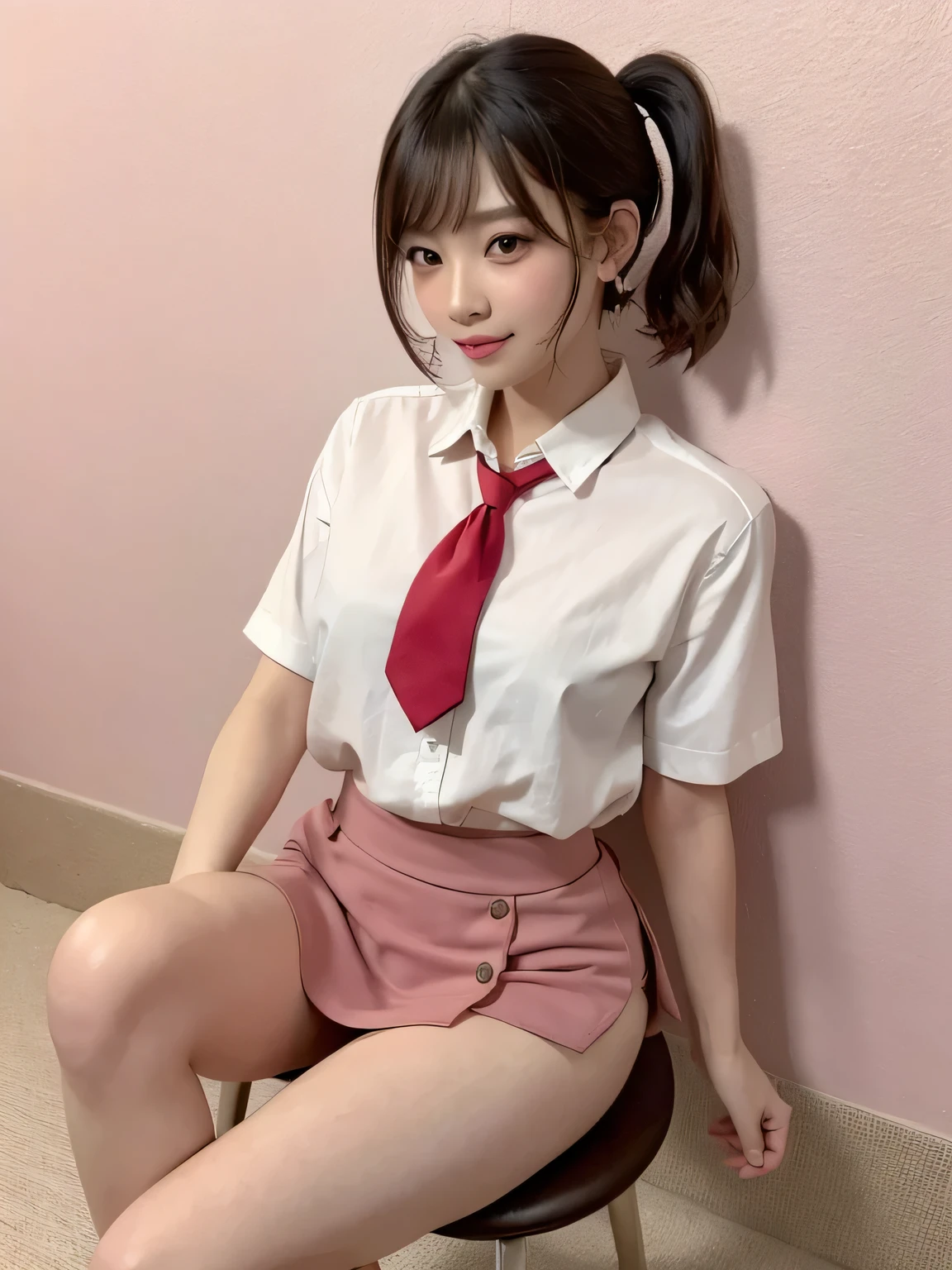 (Highest quality、8k、32K、masterpiece、Hmph:1.2)、Pink Wall、sexy、Age 25、Cute Japan woman photo、Earrings、Short Ponytail、sexy、thin、slender、(Bobcut)、(Small breasts)、double eyelid、White shirt、Red tie、Red mini skirt、Thighs、Pink wall、whole body、smile、sexy、Thighsが見える、Sitting in a chair、sexy