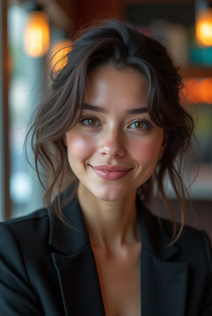 Table, la plus haute qualité, forme, very detailed, finement, high resolution, Background'8k screen, Perfect dynamic composition, beautiful and detailed,Random Mignon Hair,,Natural colored lips, Pose sexy audacieuse,ssmile、fille de 20 ans、Mignon、En regardant la caméra,Flou toujours l'background,Visage parfait et beau,Visage et silhouette minces,Big eyes、Se maquiller pour une fille,petit visage,shooting'down、ssmile,Elegant female face、cyberpunk fashion、ssmile、Changer de pose au hasard、Randomly change the'angle et la position de prise de vue、une personne