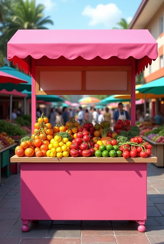 EMPTY stand with nothing but the bottom to sell fruits and vegetables, lively pink color, Front view