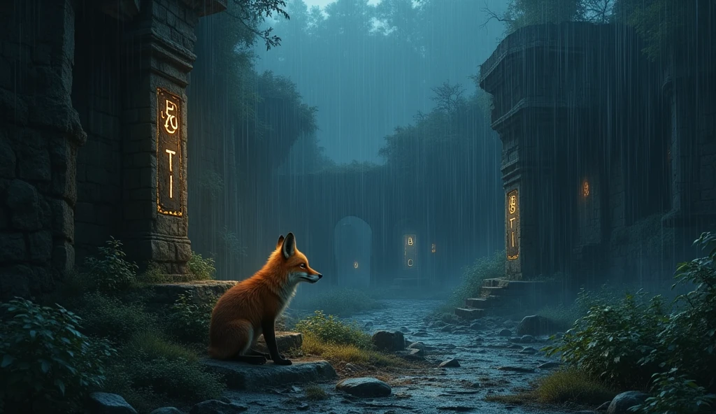 Night, Forgotten-ruins, remnants-of-forgotten-civilization, heavy-rain, sad, thunder, sheltered, small-fox, scared, glowing-runes , high-quality-textures, deep-dark-forest, paths, ruins, effects-od-time, spiderwebs, very-detailed,, masterpiece, high quality, absurdres, 8k, highres, highly detailed, official art,