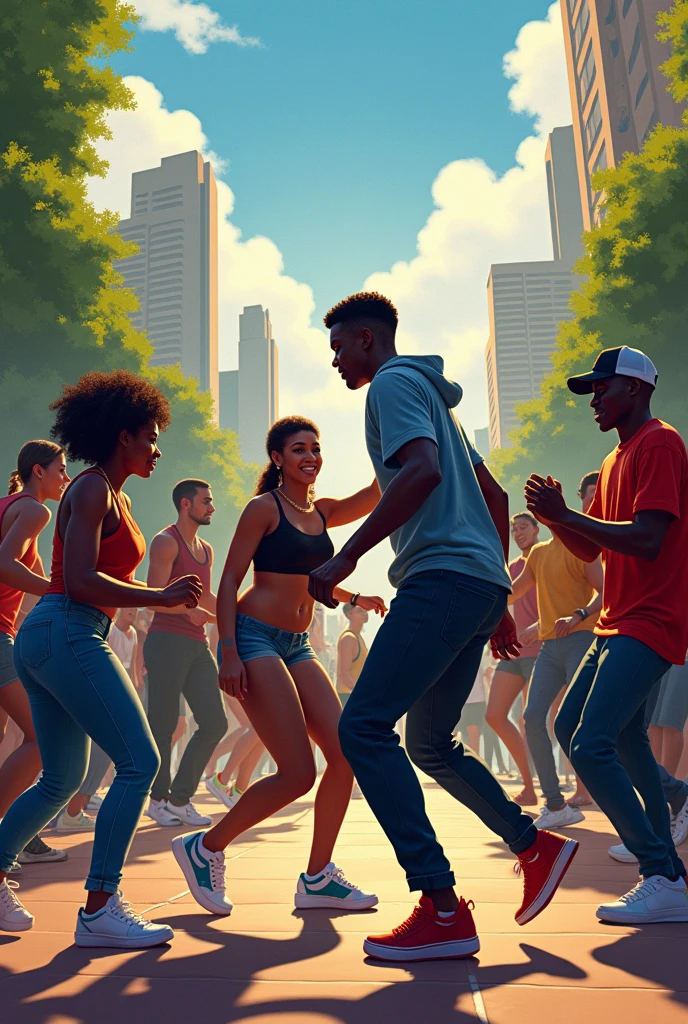 a lot of people dancing hiphop with building and trees. it also shows them helping each other with the dance move, and theres a text says " FUSION " at the back of the picture
