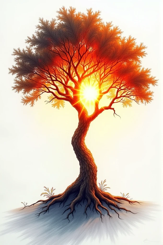 Create a trick drawing on a white background where a tree's branches and foliage seamlessly merge into a setting sun. The tree's upper branches should gradually blend into the sun's rays, creating an optical illusion where the two elements appear as one. Focus on smooth transitions and subtle gradients to enhance the illusion.