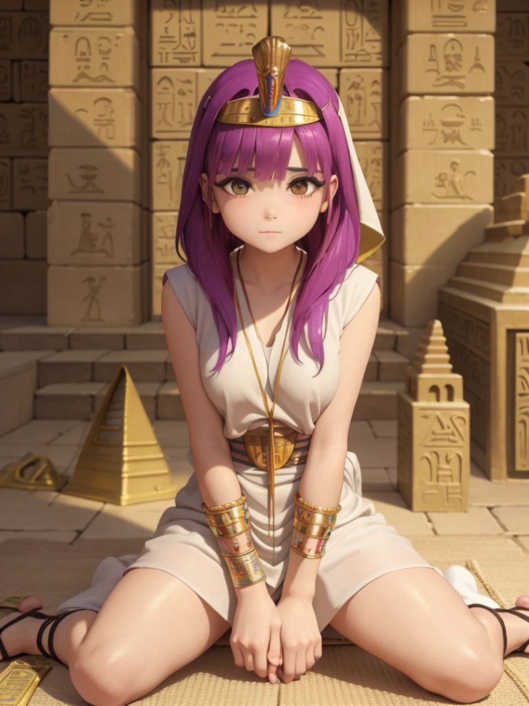 Cute ancient Egyptian princess、Colorful temples of ancient Egypt、The colorful streets of ancient Egypt、artistic、detailed、Colorful linen clothes、How to sit、front、Spread your legs
