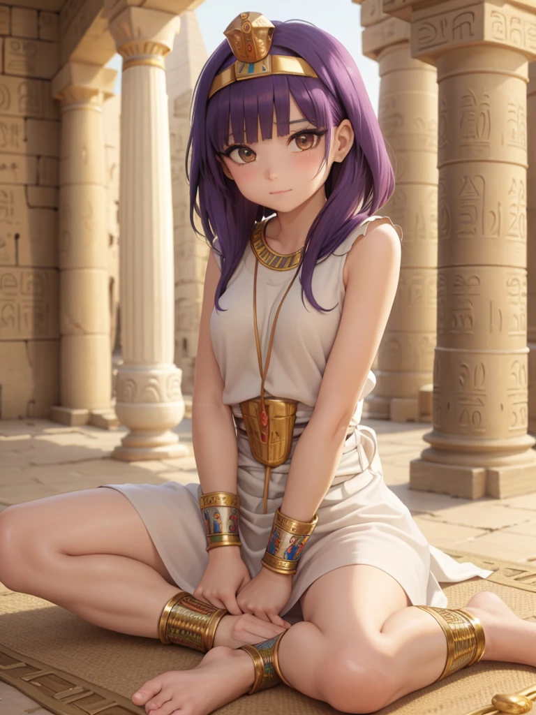 Cute ancient Egyptian princess、Colorful temples of ancient Egypt、The colorful streets of ancient Egypt、artistic、detailed、Colorful linen clothes、How to sit、front、Spread your legs