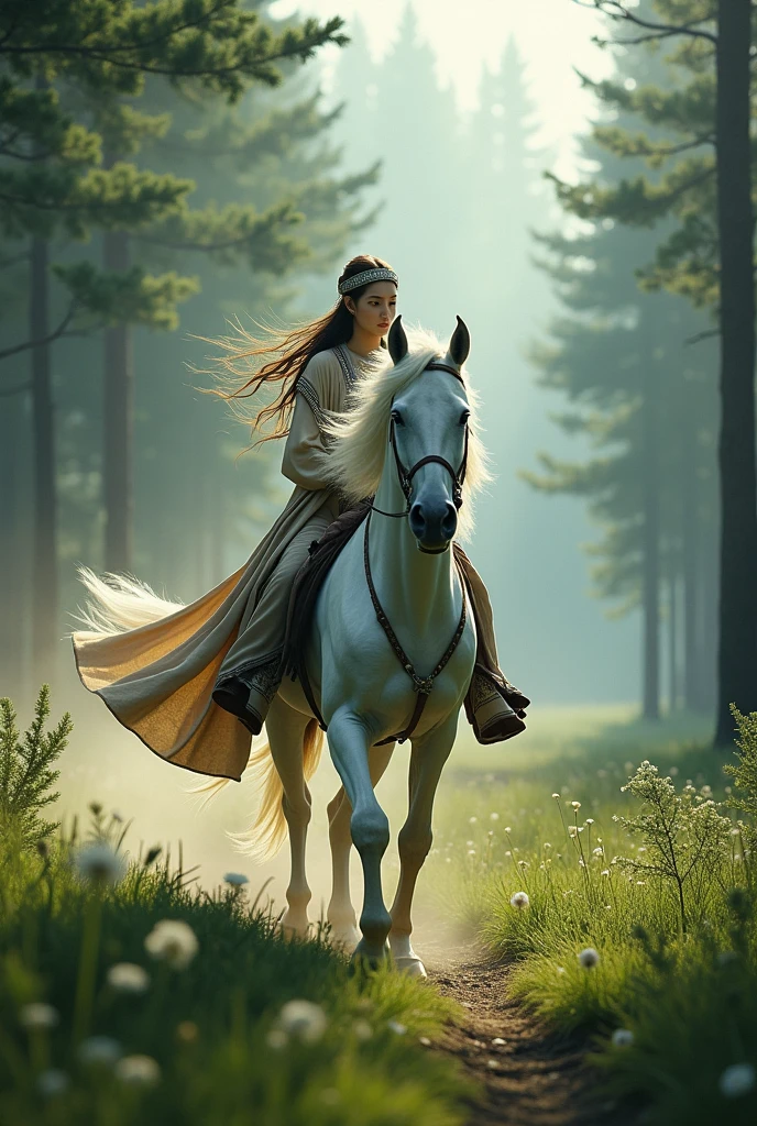 Mongoliawomen with white horse in the forest beatiful 