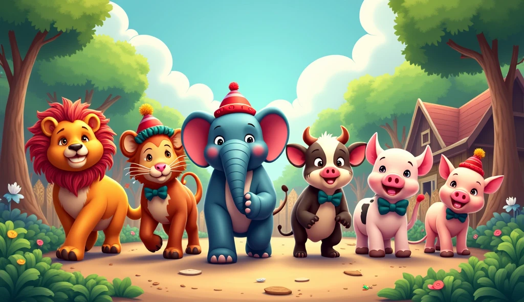 Create a lively and colorful scene for the lyrics 'It’s the animal parade, come join in the fun, from the jungle to the farm, there’s room for everyone!' The image should depict a joyful parade of various animals from different habitats—lions, elephants, monkeys from the jungle alongside cows, chickens, and pigs from the farm—all marching together in harmony. The animals should be dressed in festive attire, such as hats, bow ties, and carrying musical instruments. The background can transition from a lush jungle to a cozy farm setting, symbolizing the inclusivity of the parade. The atmosphere should be fun and inviting, with vibrant colors and playful details that capture the excitement and diversity of the animal parade.