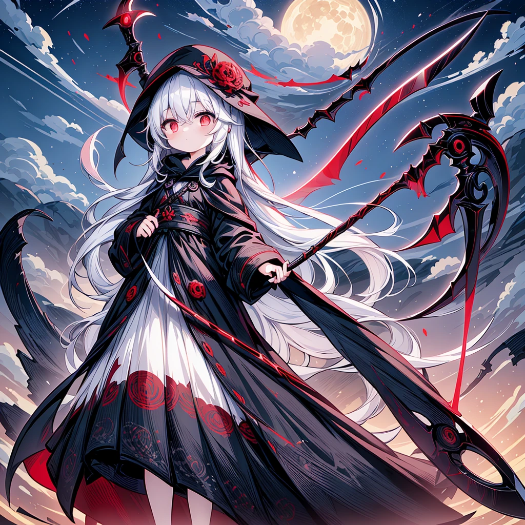 The cover image of the manga, Gray Grim Reaper Scythe, features a cute girl with waist-length white hair and ruby red eyes, standing in a beautiful pose holding a scythe The sickle has a single black handle.Red spider lily fractal art、chaos、chaos、